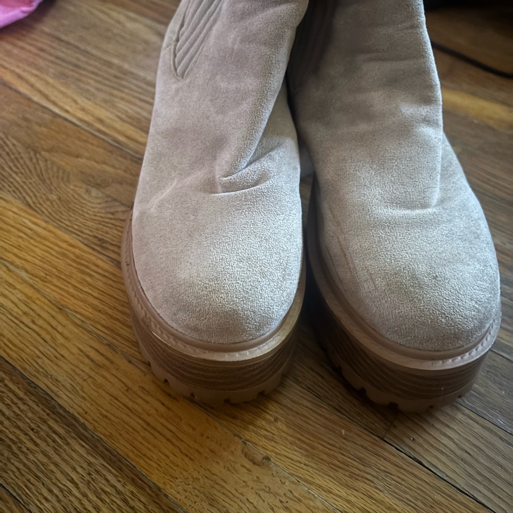 Beige Suede Platform Ankle Boots - Picture 2 of 3